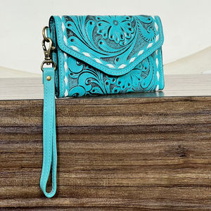 2026 Newly Personalized Genuine Cow Leather Tooled Floral <b>Wristlet</b> Mini Wallet Western Clutch Card Holder RFID Travel Wallets - Product Image 4