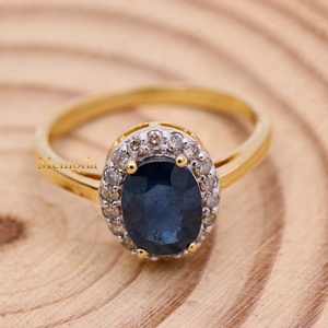 Bague Halo en Or Jaune Massif 14 carats avec Saphir Bleu Naturel Oval et Diamants, Vente en Gros, Memoria Jewels - Product Image 1