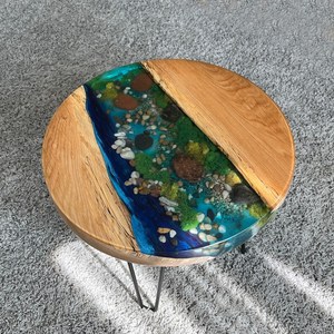 Ocean Stream Wooden Moss <b>Epoxy</b> <b>Table</b> Handmade Round River Design <b>Coffee</b> <b>Table</b> Natural Pebble Art Luxury Home Decor - Product Image 5