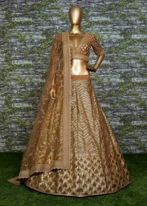 Lehenga Choli Dorado Bordado con Dupatta, Traje Tradicional Indio para Bodas, para Mujer, Material de Seda, Largo hasta el Suelo, Corte Holgado - Product Image 5