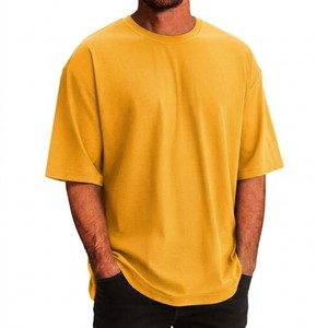 เสื้อยืดโอเวอร์ไซส์สีเหลืองพรีเมียมสำหรับผู้ชาย ผ้าฝ้ายทรงหลวม ไหล่ตก สไตล์สตรีทแวร์ เสื้อยืดเปล่าแบบสั่งทำได้ แฟชั่นลำลองใส่สบายสำหรับฤดูร้อน - Product Image 1