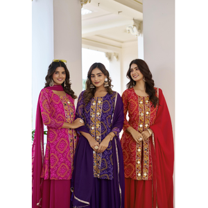 Ensemble de vêtements traditionnels pour filles en coton rose ethnique avec kurta, palazzo et dupatta en mousseline, collection pour les fêtes - Product Image 3