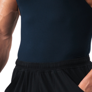 Camiseta sin mangas acanalada para hombre, ajuste muscular, chaleco de entrenamiento para gimnasio, capa base elástica para entrenamiento atlético, ropa deportiva azul marino - Product Image 5