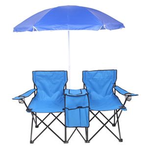 Chaise de camping pliante portable pour 2 personnes avec parasol amovible en alliage d'aluminium bleu - Product Image 1