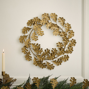 Stunning Metal Wreath Artfully Designed With Densely Layered Metallic Oak Leaves Perfect For Fall Or Holiday Decoration - Product Image 1