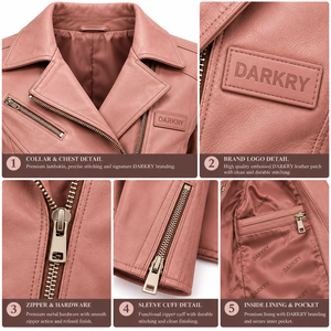 Chaqueta de Cuero Genuino de Cordero Rosa Polvoriento para Mujer, con Cremallera Diagonal, Solapa con Muescas, Ajuste Delgado, Estilo Biker - Product Image 6