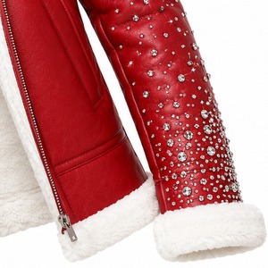 Custom Red Shearling Bomber <b>Jacket</b> with <b>Rhinestone</b> Embellished Sleeves and White Fur Trim Vintage Winter Unisex Front Design - Product Image 5