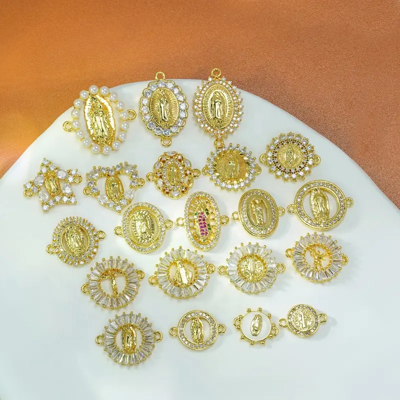 Tôn Giáo 18K Vàng Mạ Cubic Zirconia Trinh Nữ Maria Brass Paved Quyến Rũ Kết Nối Cho Vòng Đeo Tay Vòng Cổ Làm Phụ Kiện Tự Làm