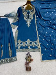 Ensemble haut, palazzo et dupatta en crêpe de soie naturel, traditionnel et tendance, avec broderie de designer et travail de sequins, séchage rapide, pour femme, mariage - Product Image 6