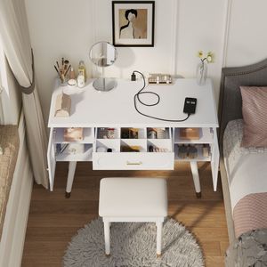 Modern Elegant White <b>Vanity</b> Makeup Table and Chair Set Modern Dressing Table with Organizer Writing <b>Desk</b> Charging Port - Product Image 3