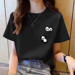 T-shirt femme à manches courtes, nouvelle collection été, imprimé panda, style coréen, extensible et ajusté - Product Image 1
