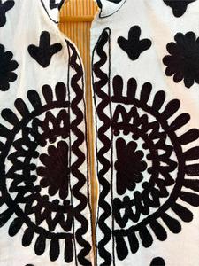 Vintage <b>White</b> Velvet Embroidered Suzani <b>Jacket</b> With Black Floral Pattern Full Sleeve Stand Collar Handmade Bohemian Tribal Coat - Product Image 5