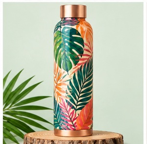 Floral <b>Bird</b> Design Copper <b>Water</b> Bottle With Wooden Lid Portable Travel Use - Product Image 3