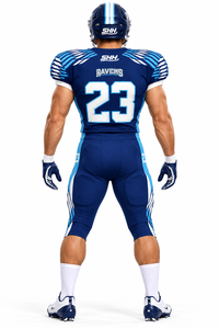 ชุดฟุตบอลอเมริกันสีน้ำเงินกรมท่าแบบกำหนดเองสำหรับผู้ชาย เสื้อคอวีแบบซับลิเมชั่นพร้อมกางเกงเสริมฟองน้ำในตัว หมายเลขทีมแบบกำหนดเองได้ - Product Image 5