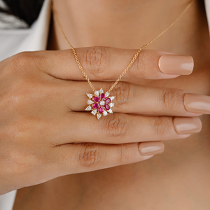 18K Solid Yellow Gold Floral <b>Ruby</b> Pendant <b>Necklace</b> - Product Image 4