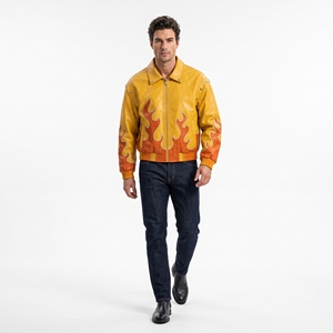 Blouson Bomber en Cuir pour Homme Dumela, Imprimé Flamme, Style Moto, Col Rabattu, Fermeture Éclair, Coupe Classique Automne - Product Image 5