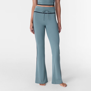 Pantalones acampanados de cintura alta para mujer, pantalones deportivos con cordón y rayas laterales, color gris azulado - Product Image 4