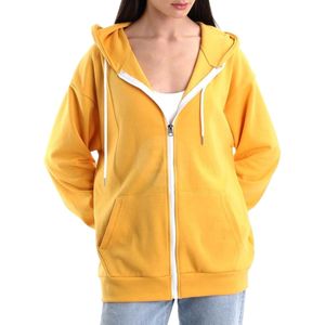 Sudadera con capucha de invierno de manga larga con hombros caídos, color amarillo, de forro polar grueso para mujer, diseño liso personalizado, venta al por mayor, ropa deportiva informal para gimnasio - Product Image 1
