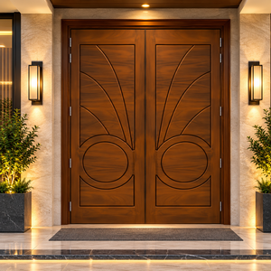 Puerta de Entrada Doble de Madera Sólida Moderna GA-41L, Diseño Escandinavo con Ranuras Circulares para Villa de Lujo, Calidad Premium - Product Image 1