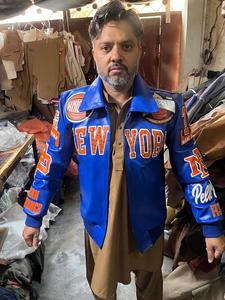 Custom Men's Premium Blue Genuine <b>Leather</b> Eco-Friendly Waterproof <b>Winter</b> Varsity <b>Jacket</b> Embroidery Streetwear Basketball Style - Product Image 3
