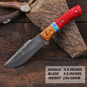 Cuchillo de caza y desollado de hoja fija de acero de Damasco forjado a mano, mango de resina, espiga completa, cuchillo personalizado OEM/ODM, funda de cuero - Product Image 2