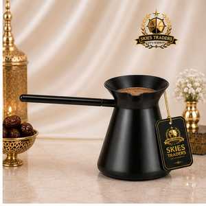 Copper And Black Embossed <b>Turkish</b> Coffee <b>Pot</b> Metal Cezve With Black Wooden Handle For Stovetop Brewing - Product Image 3