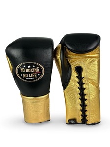 ถุงมือชกมวยประสิทธิภาพสูง No Boxing No Life Squad แบบผูกเชือก สีดำทอง หนังแท้ ปิดนิ้วเต็มรูปแบบ อุปกรณ์ฝึกซ้อม ถุงมือชกมวย - Product Image 1