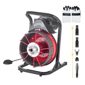 Sonda per la pulizia di scarichi con alimentazione manuale da 75 FT x 3/8 pollici, con 4 frese, attivazione ad aria, interruttore a pedale da 2-4 pollici, macchina per la pulizia di scarichi - Product Image 1