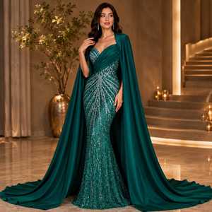 Vestido de Noche Verde Esmeralda con Lentejuelas, Estilo Sirena, para Mujer, con Capa Desmontable, Diseño Premium, Vestido Largo Formal, para Cóctel, sin Tirantes - Product Image 3