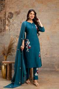 Conjunto de Salwar Kameez de Algodón Puro con Apliques de Turquesa para Mujer, Kurti de Manga 3/4 y Pantalón con Dupatta para Fiesta o Boda - Product Image 3