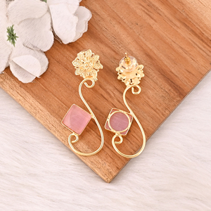 Elegant <b>Pink</b> Cat's Eye Gemstone Earrings Gold Plated Designer Brass Fashion Jewelry for Women - Product Image 5