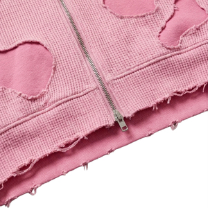 Men High Street Distressed Cropped Hoodie Pink Double Layer Waffle Knit <b>Zip</b> <b>Up</b> Cow Print Patchwork Frayed Custom Streetwear - Product Image 5