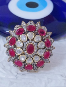 Flower Shape Classic <b>Cocktail</b> <b>Ring</b> Red Doublet Stone <b>Gold</b> Plated Women's Wedding Jewelry Gift Ethnic Style Adjustable - Product Image 1
