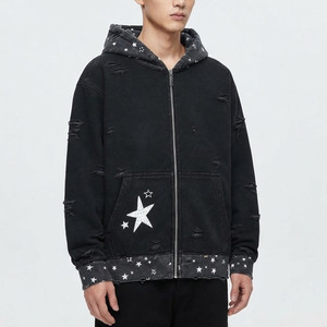 <b>Vintage</b> Acid Wash Black Zip Up Hoodie <b>Oversized</b> Distressed Star Print Streetwear Unisex Hooded <b>Sweatshirt</b> - Product Image 5