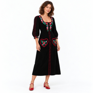 Vestido midi de pana negro para mujer, cuello cuadrado, manga tres cuartos, bordado floral, línea A, informal - Product Image 1