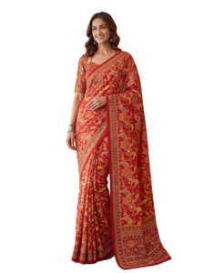 Sari en soie traditionnel indien rouge à imprimé numérique Ajrak avec blouse brodée de miroirs pour femme, tenue de mariage, longueur au sol, coupe classique - Product Image 3