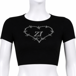 Customized Women Luxury Rhinestone Heart Graphic Crop T Shirt Slim Fit Streetwear Baby Tee Custom Stretch Fashion Women's Shirts - Product Image 4
