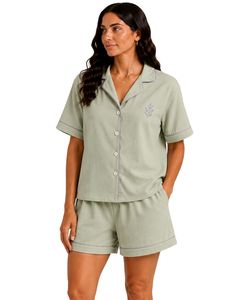 Sage <b>Green</b> Women Pajama Set Short Sleeve Cotton Poplin Loungewear Embroidered Summer Sleepwear Button Up Shorts Set Comfortable - Product Image 1
