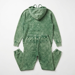 Conjunto Deportivo Unisex con Capucha, Lavado Ácido, Verde, Manga Larga, Corte Regular, Pantalones Casuales con Cordón, Poliéster/Algodón, Ropa de Otoño - Product Image 2