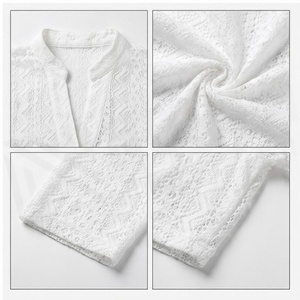 North Approach <b>White</b> <b>Lace</b> Crop Top Stand Collar Three Quarter Sleeve Button Front Geometric Pattern Breathable Women's Fashion - Product Image 5