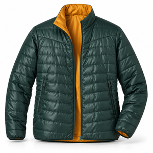 <b>Men's</b> Dark Green Puffer <b>Jacket</b> With Orange Lining Stand Collar Zipper Closure Windproof Casual Winter Wear - Product Image 1