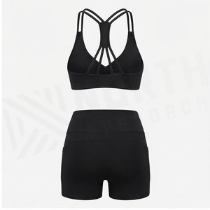 North Approach 2 Piece Yoga Set Black Crisscross Strap Sports <b>Bra</b> High Waist Shorts With Pockets Breathable Seamless Workout - Product Image 2