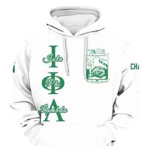 Sweat à capuche personnalisé de la sororité Iota Phi Lambda, blanc, avec lettres grecques sur le devant, écusson et numéro d'année au dos, style pull-over - Product Image 4