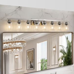 Lampada da Bagno Moderna a 8 Luci da 51 Pollici, Finitura Nichel Spazzolato con Paralumi in Vetro Trasparente per Mobili da Bagno - Product Image 1