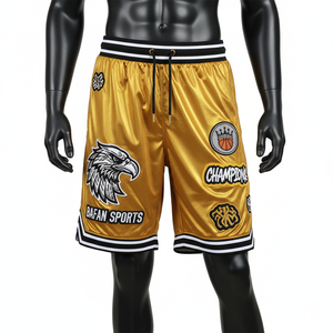 Premium <b>Mens</b> Basketball <b>Shorts</b> 200 GSM Polyester Satin Fabric Gold Sports <b>Shorts</b> Embroidered <b>Patch</b> Logo Basketball <b>men's</b> <b>shorts</b> - Product Image 1