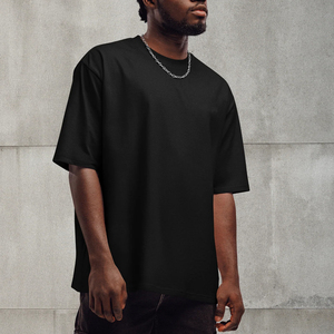 T-shirt en coton noir surdimensionné pour homme, col rond, manches courtes, couleur unie, coupe décontractée, longueur normale, style tricoté uni - Product Image 6