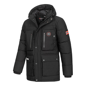 Blouson matelassé noir pour homme avec capuche amovible, coupe-vent, vêtement d'extérieur décontracté d'hiver, coupe régulière, design à patchs sur la manche gauche - Product Image 1