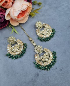 Handcrafted Crystal Beaded Choker Necklace <b>Set</b> With Chandbali Earrings And Mangtika Ethnic Wear Designer <b>Jewellery</b> <b>Set</b> Wholesale - Product Image 3