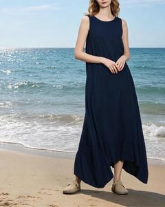 Premium Blue O-Neck Plain Cotton Linen Maxi <b>Dress</b> With Sleeveless <b>Loose</b> Fit Button Front Casual Daily Wear - Product Image 5