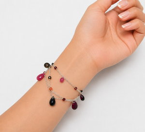 Multi Gemstone Layered Bracelet, 925 Sterling <b>Silver</b>, Natural Ruby Garnet Smoky Quartz Charm Bracelet Adjustable Bracelets - Product Image 4
